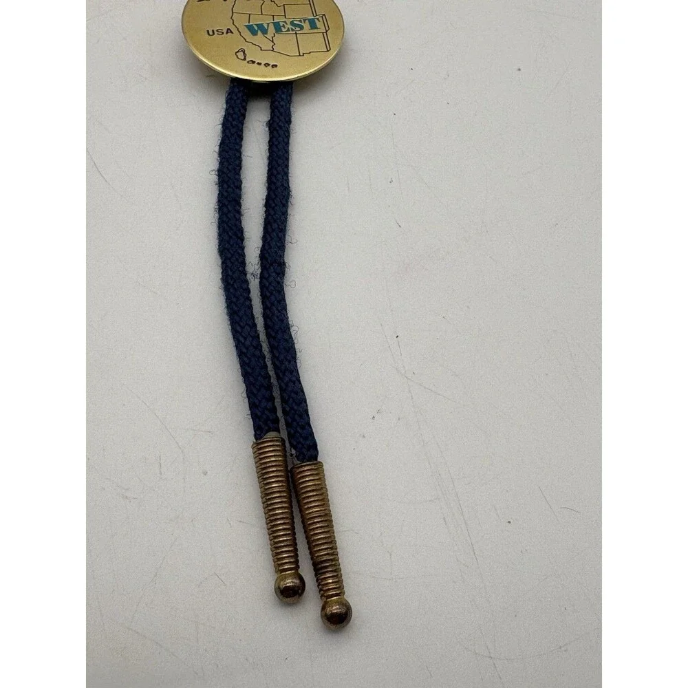 Vintage USA West Map Bolo Tie Gold Tone Blue Cord Western Cowboy Southwest